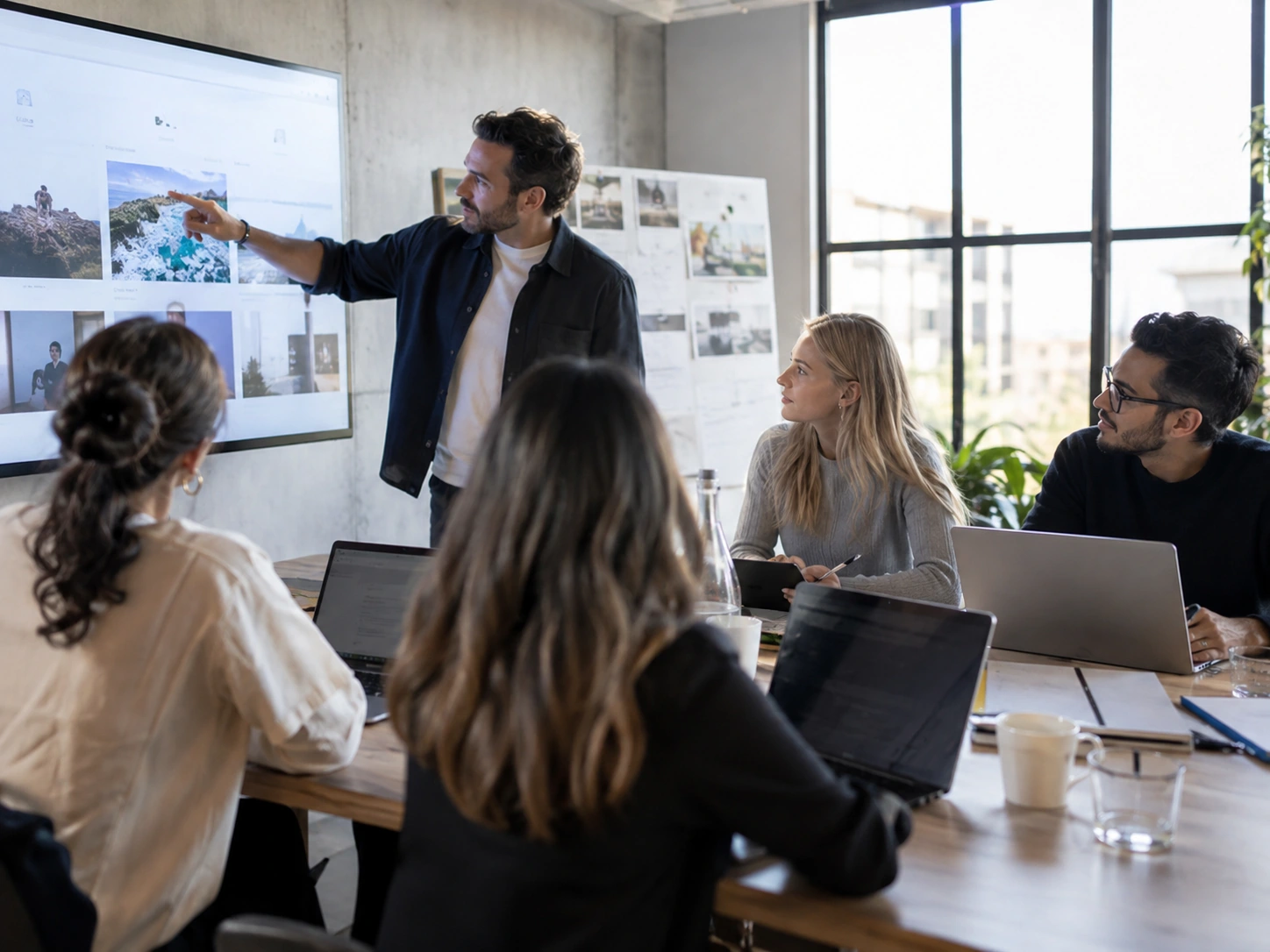 Digital team collaborating around a laptop in a modern workspace