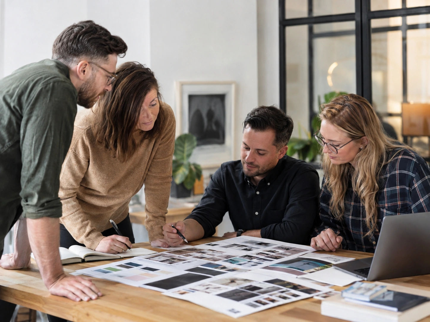 Digital team collaborating around laptops in a modern workspace